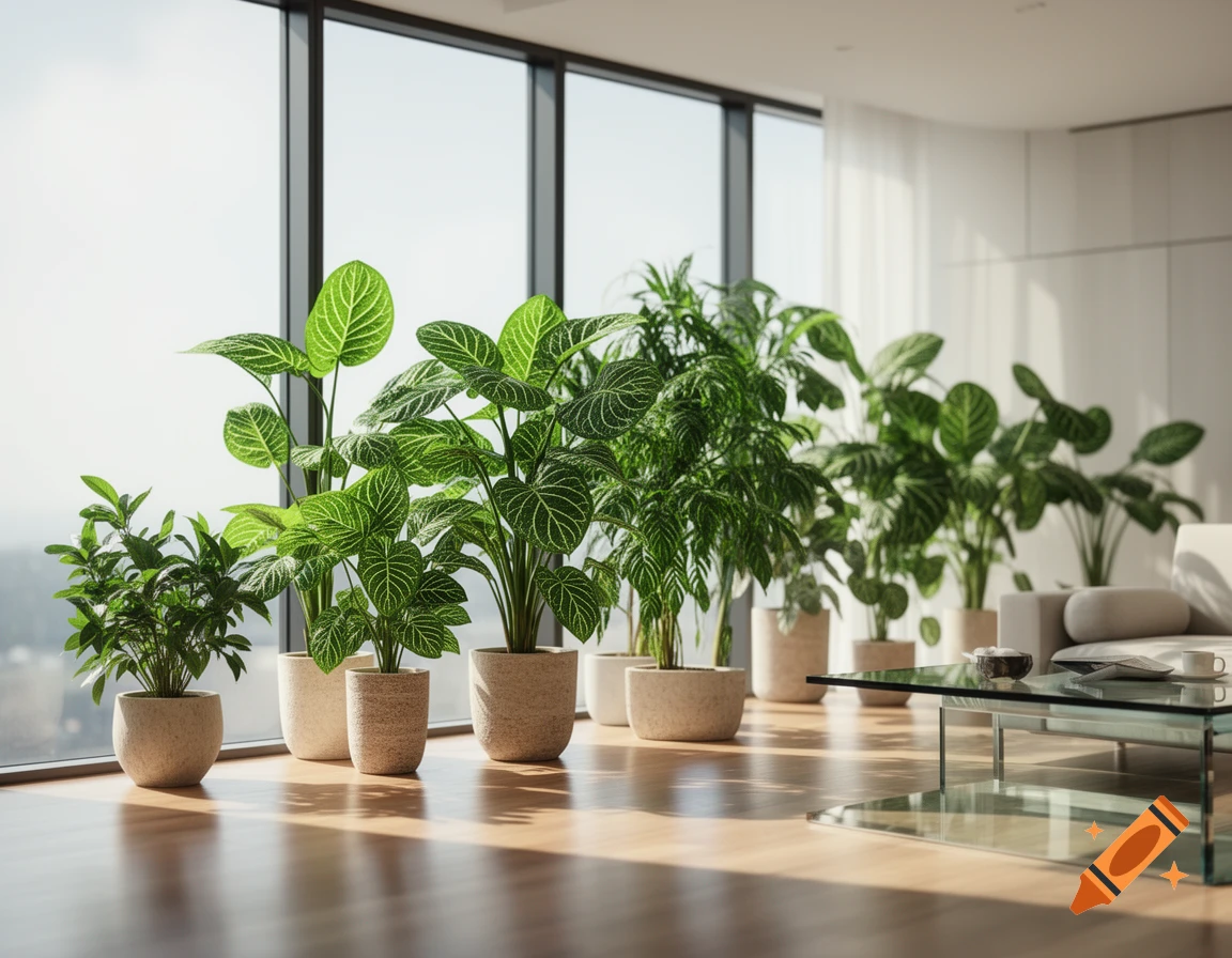 Photorealistic indoor plants in a sunlit modern room with large windows and a glass coffee table.