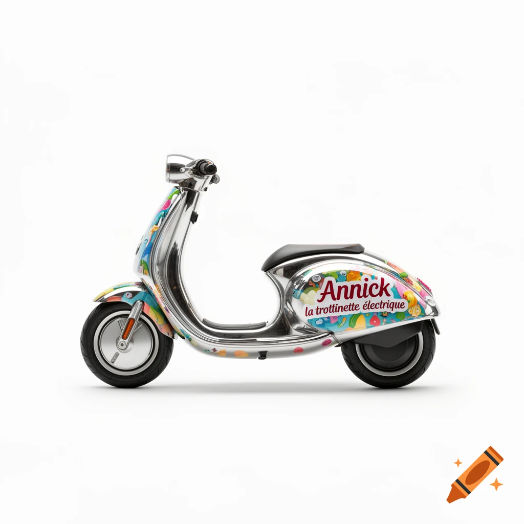 A chrome electric scooter with colorful patterns and the text "Annick la trottinette électrique" on its side, set against a white background.