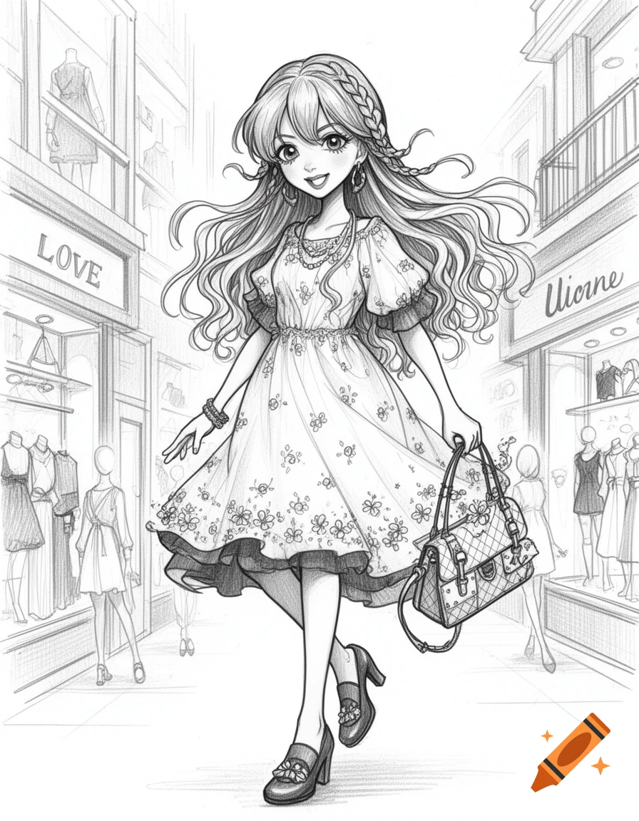 A monochrome pen drawing of a fashionable anime girl with long, wavy hair and a braided section, walking in a shopping street.