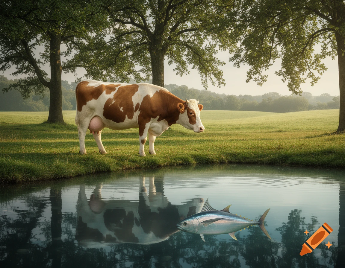 A brown and white cow stands beside a pond, its reflection visible. In the pond, a tuna fish swims, also reflected below it.