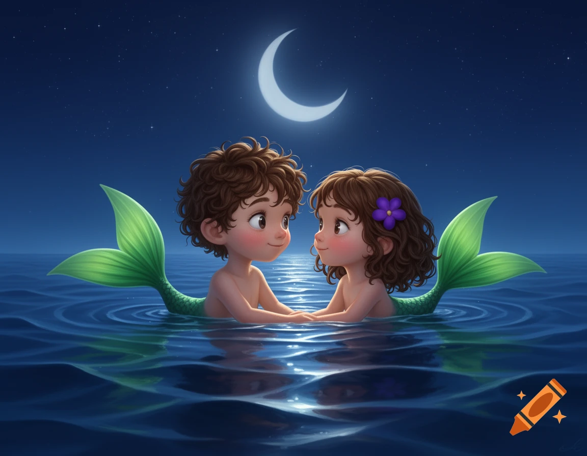 Two cartoon mermaid children with green tails, holding hands and gazing at each other in the ocean at night under a crescent moon.