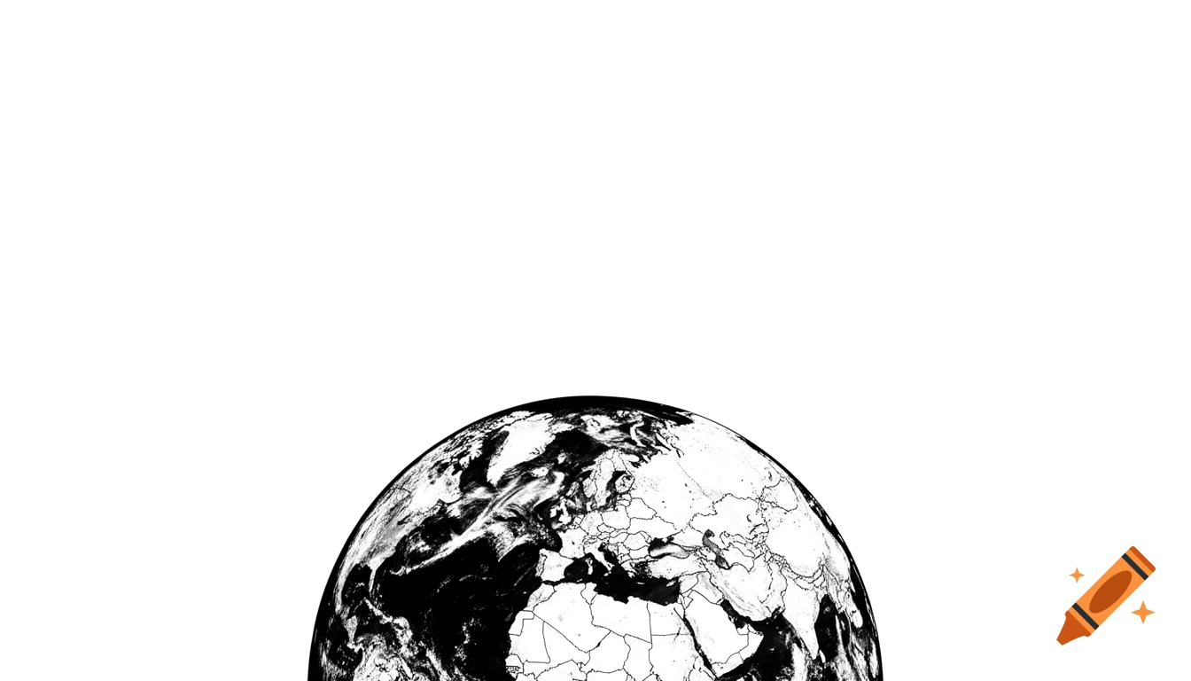 A black and white image showing the bottom third of the Earth, with continents and country borders visible against a white background.