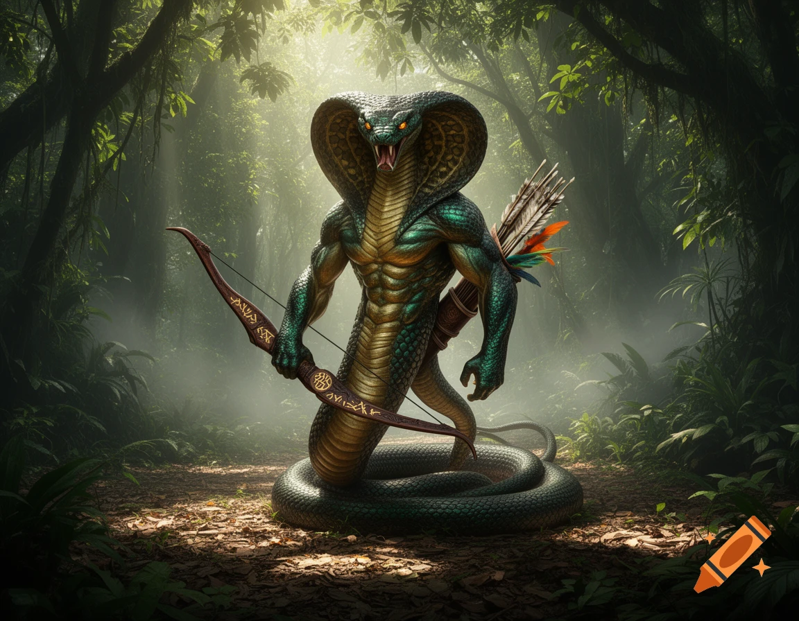 A muscular humanoid cobra monster with a flared hood holds a longbow and quiver in a misty, sunlit jungle.