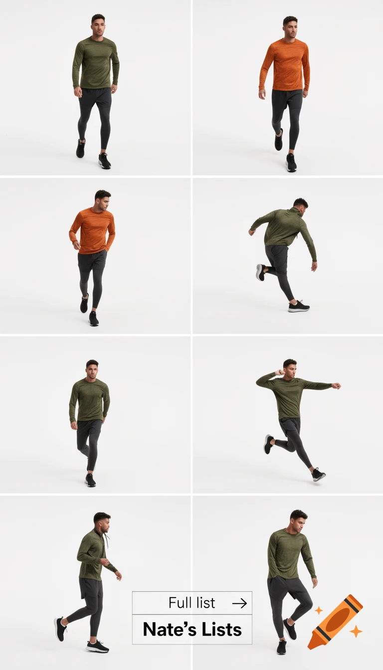 Grid of eight photos showing a man in olive green and orange athletic long-sleeve shirts and dark pants, posing on a white background. Text: Full list Nate's Lists.