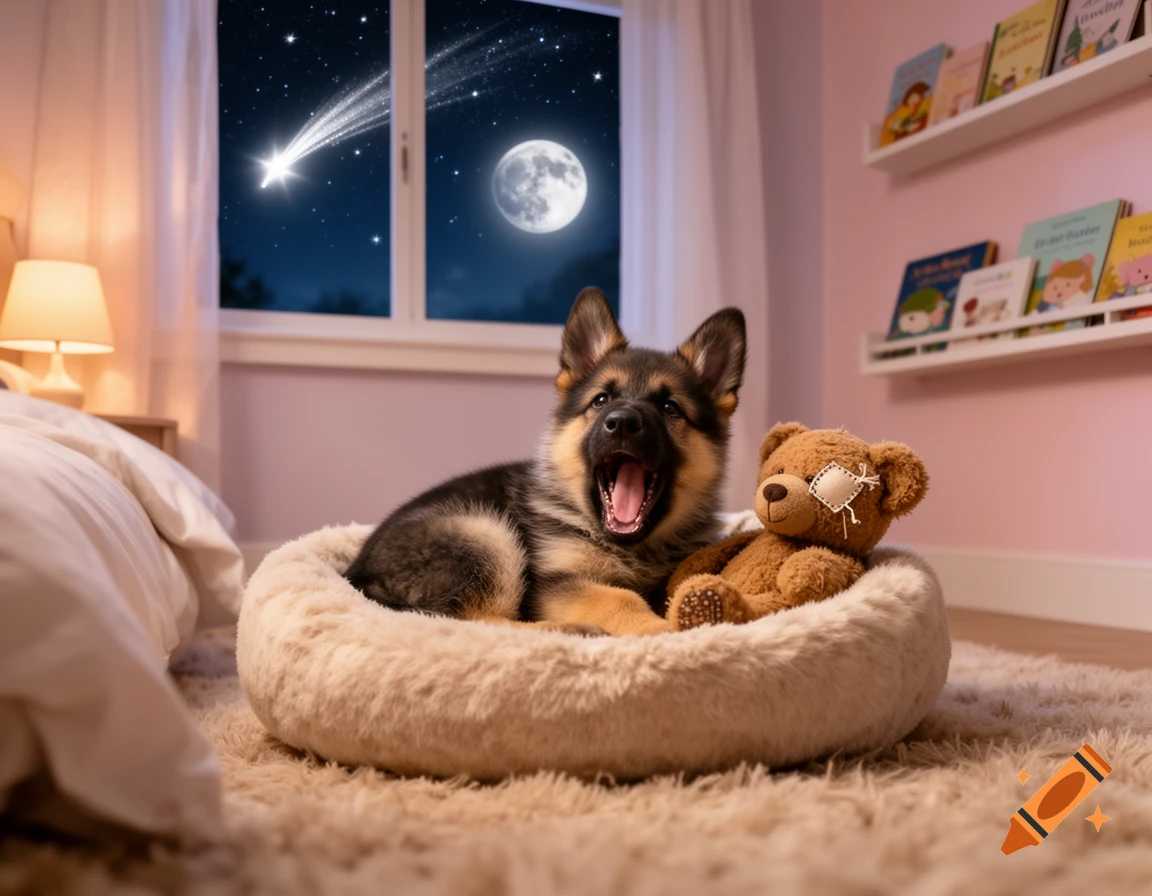 A yawning German Shepherd puppy and a teddy bear with a patch over one eye rest in a fluffy bed on a rug in a child's bedroom at night, with a full moon and shooting star visible through the window.