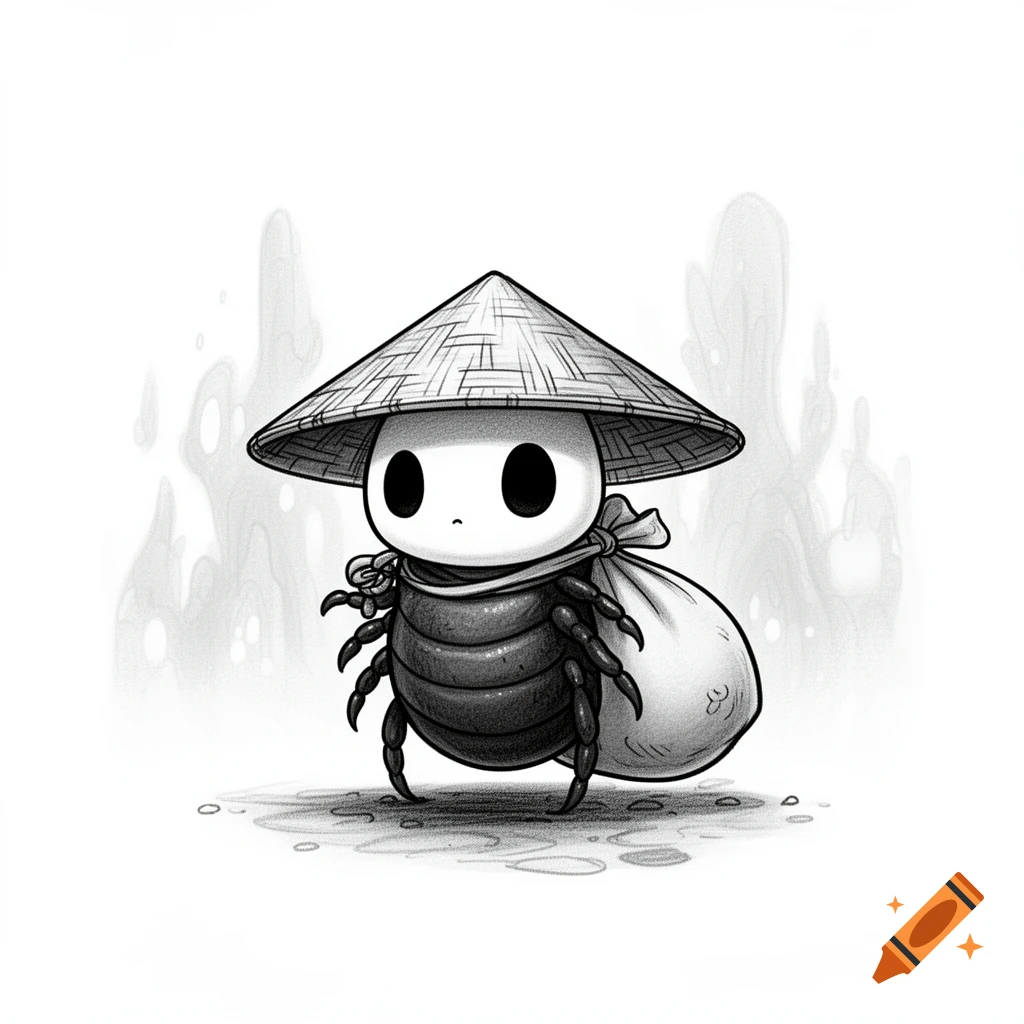 A black and white cartoon bug in Hollow Knight style, wearing a conical straw hat and carrying a sack.