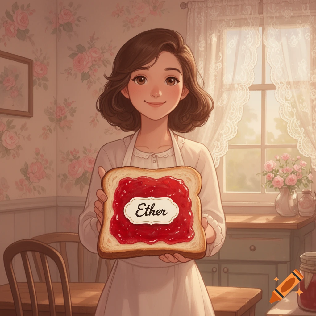 Smiling anime-style woman holding a slice of jam toast labeled "Ether" in a cozy kitchen.