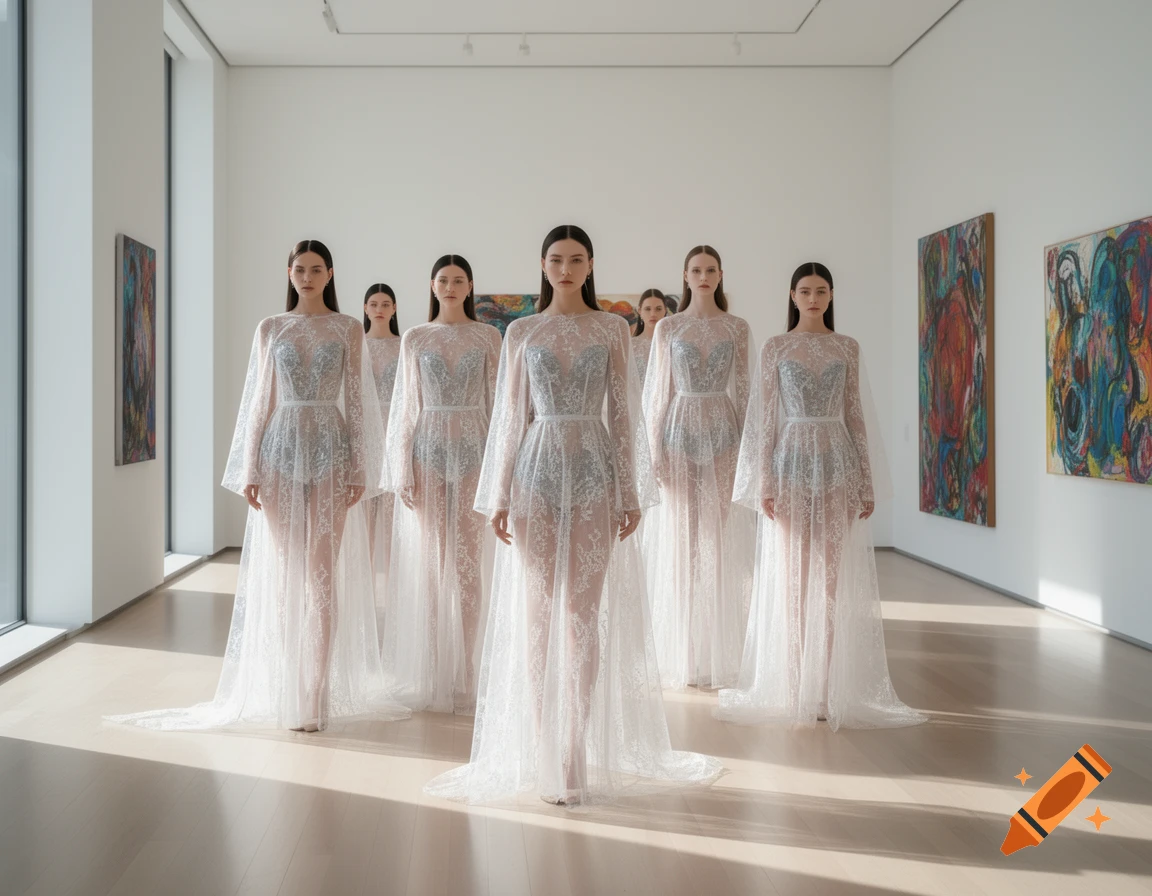 A group of women in sheer white lace dresses stand in a modern art gallery with abstract paintings.