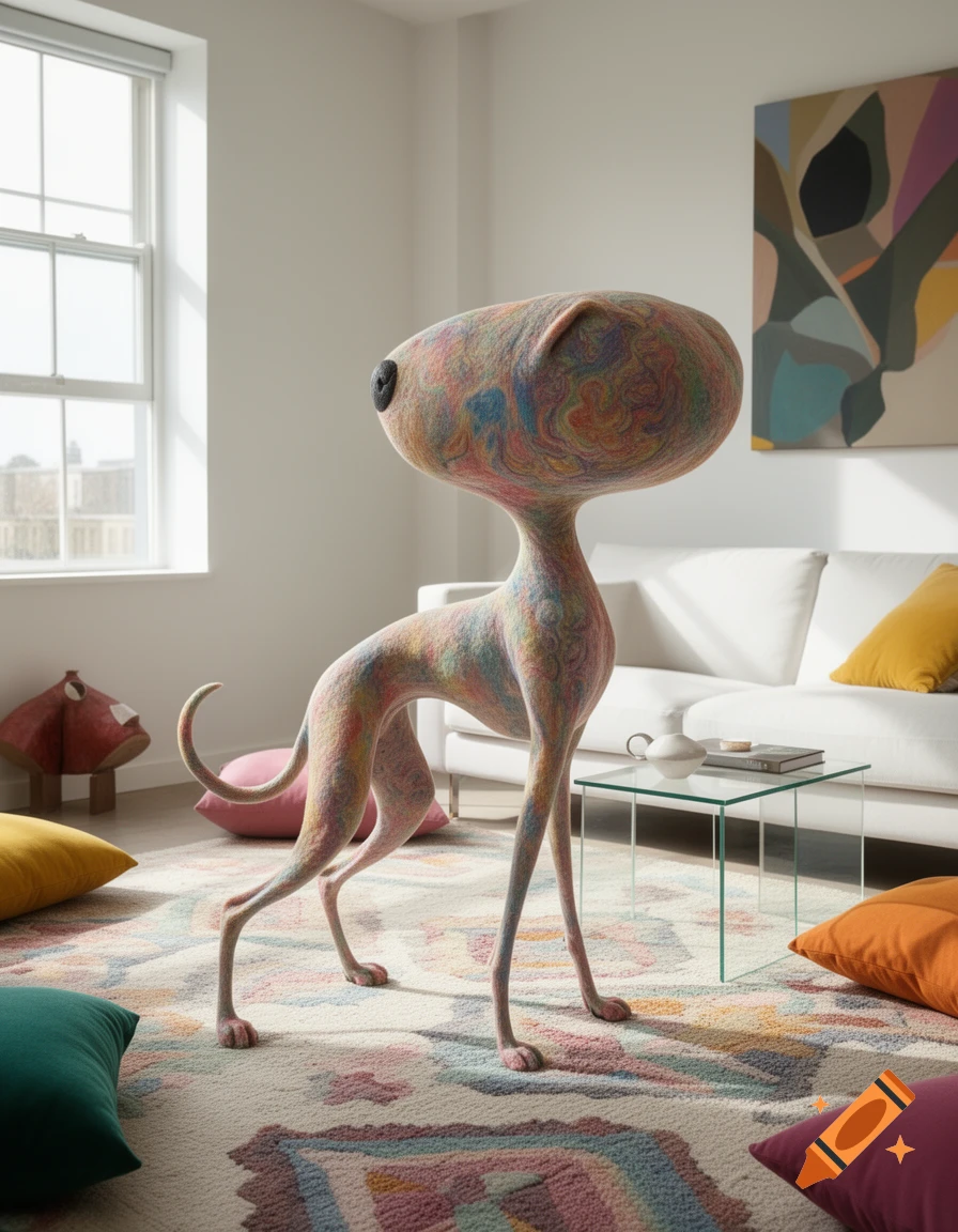 An abstract, colorful dog-like sculpture with a large head and slender body stands on a patterned rug in a bright, modern living room.