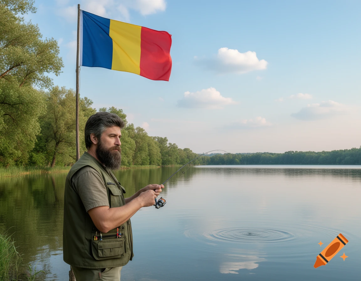 Photorealistic image of a bearded man fishing by a calm lake with trees, a blue sky, and a Romanian flag flying overhead.