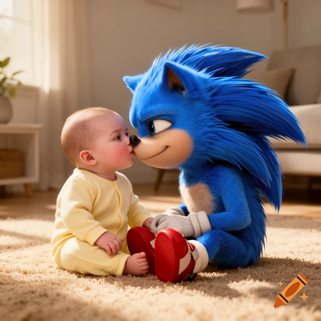 Hyperrealistic Sonic the Hedgehog gently kisses a baby's nose, sitting on a carpet in a sunlit room.