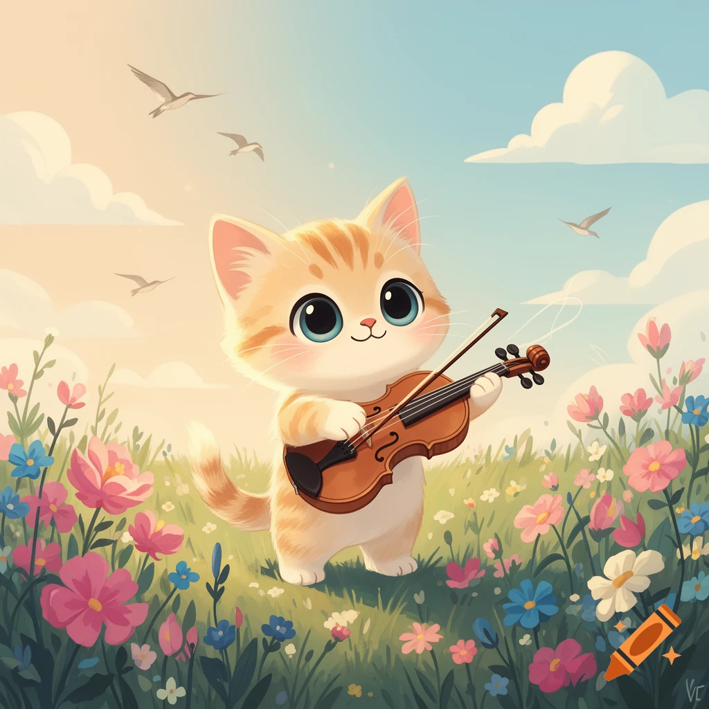 A cute, orange-striped kitten with big eyes plays a violin in a field of colorful flowers under a sunny sky with birds flying.
