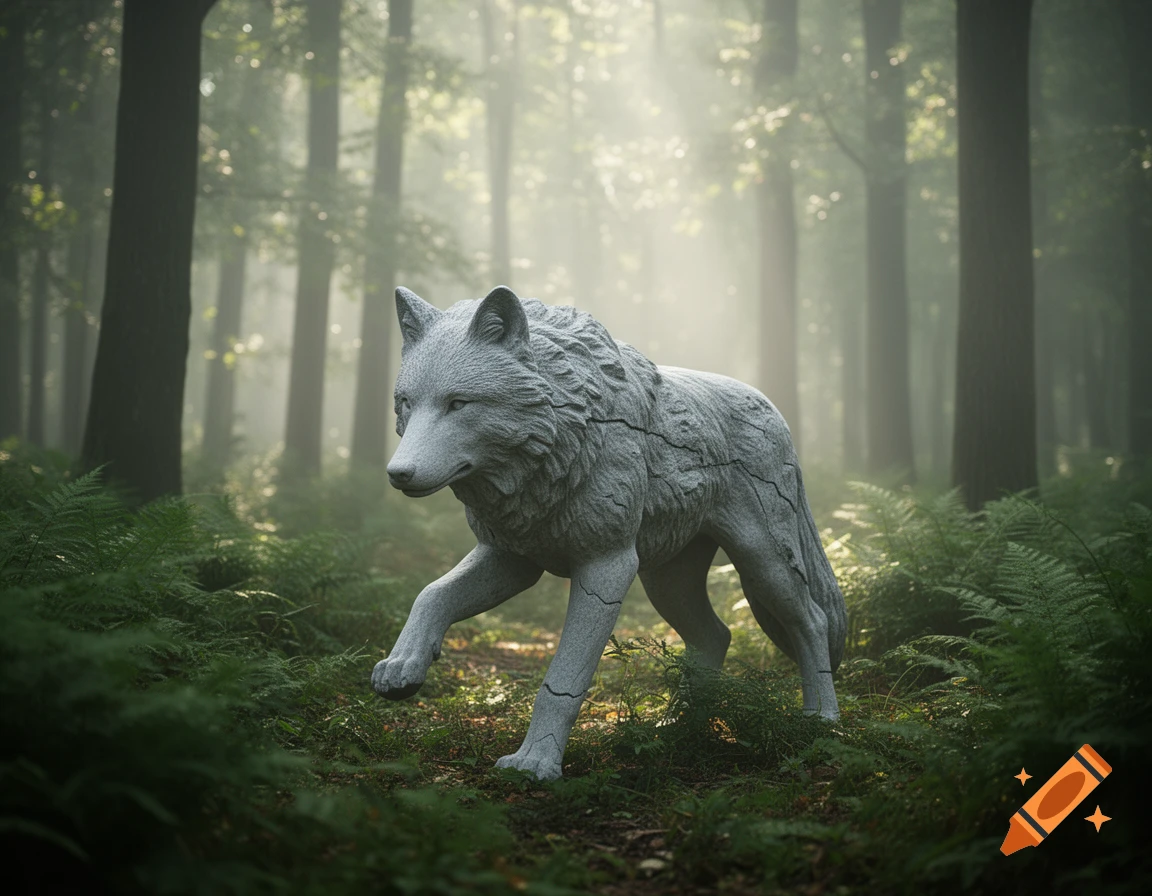 A gray stone wolf statue with cracks steps forward in a misty forest with sun rays filtering through trees, photorealistic style.