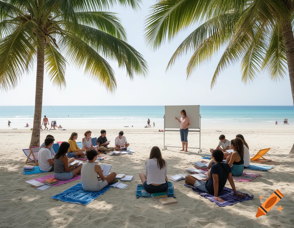 Students and a teacher hold a class on a sunny beach, sitting on mats under palm trees with a whiteboard near the ocean.