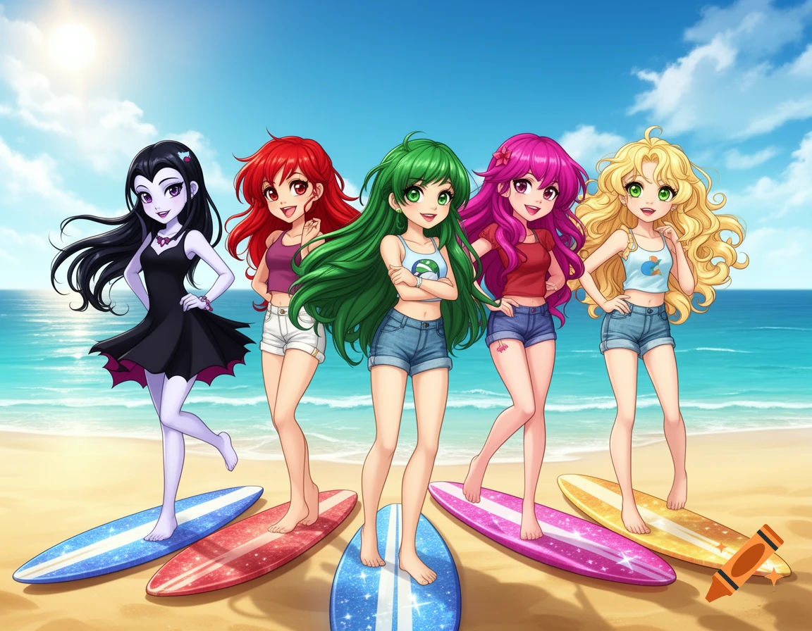 Five anime girls with different hair colors stand on surfboards at a sunny beach.
