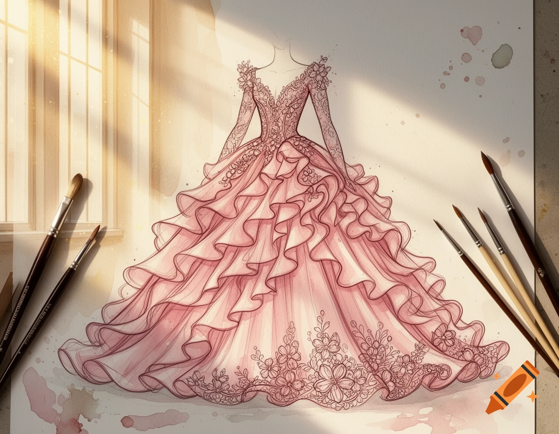 An elegant watercolor sketch of a pink ballgown with ruffled layers and lace details, surrounded by paintbrushes and watercolor splatters.