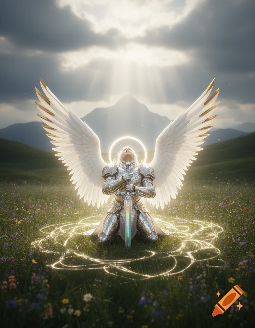 An archangel in shining silver armor, with large white wings and a halo, kneels in a wildflower field under divine light, holding a colorful sword.
