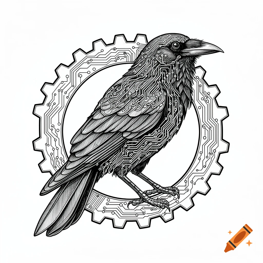 Black and white line art of a crow with circuit board patterns on its body, inside a sprocket gear.
