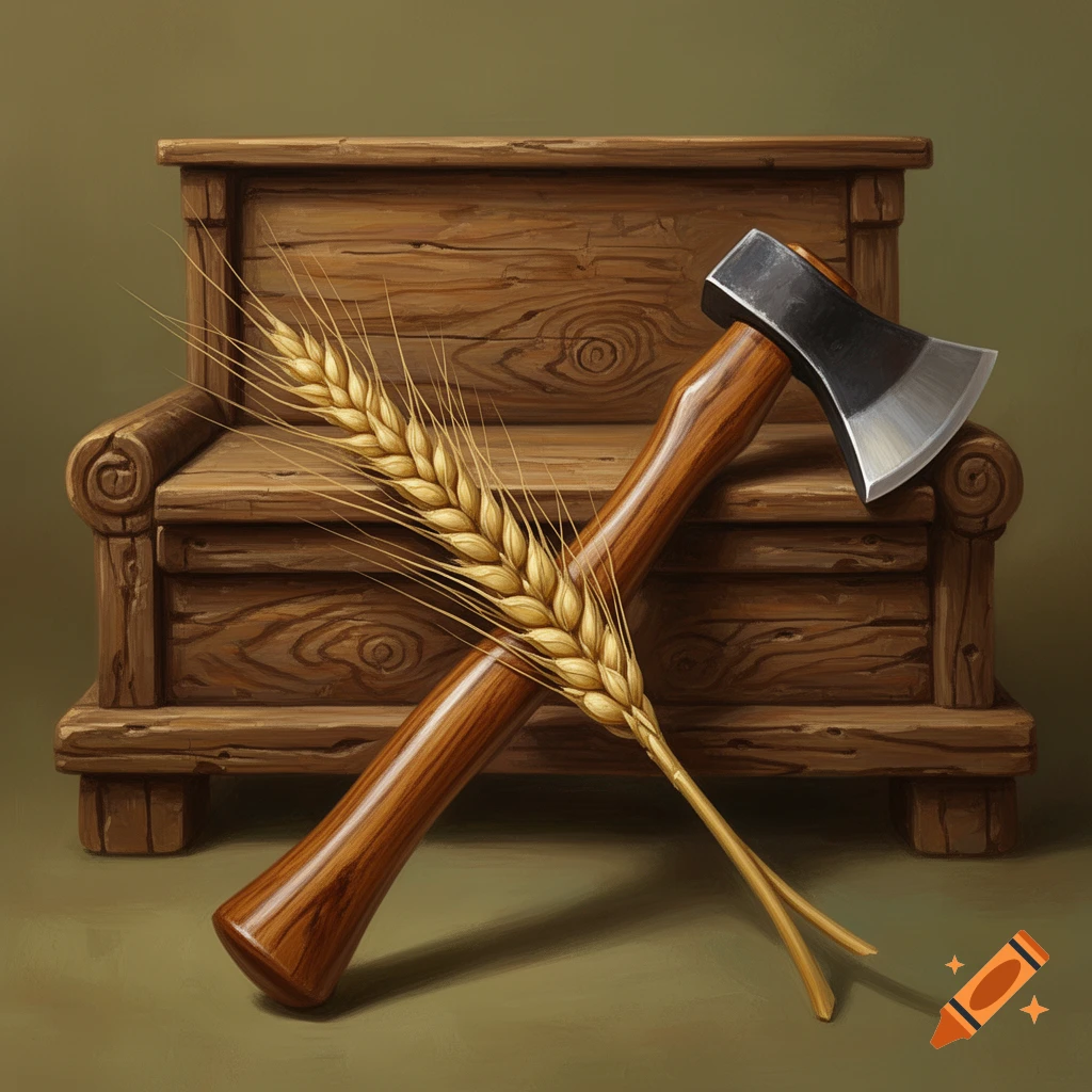A golden wheat stalk crossed with a metal axe, in front of a carved wooden bench, illustrated.