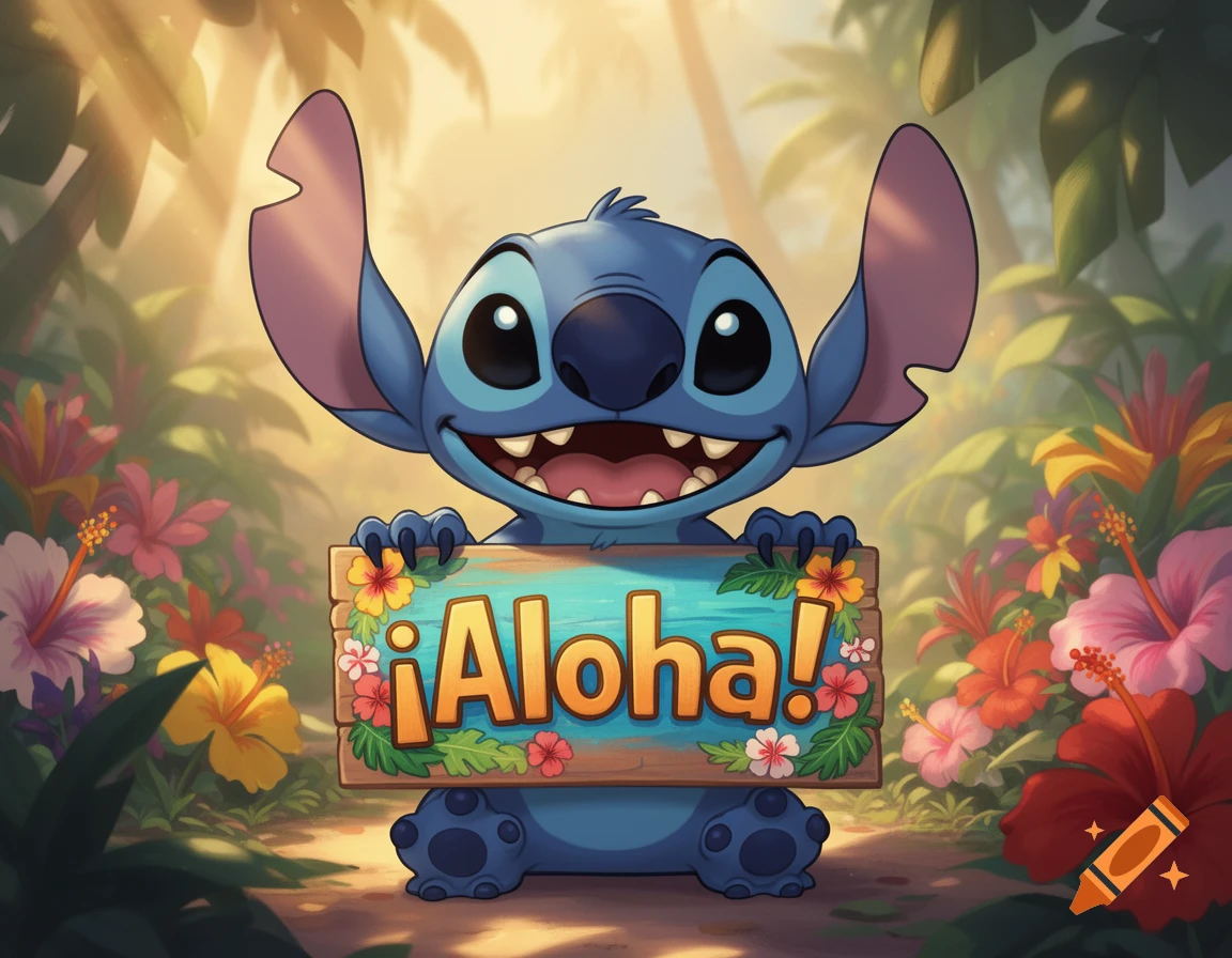 Stitch, a blue alien character, holds a '¡Aloha!' sign in a vibrant tropical jungle with flowers.