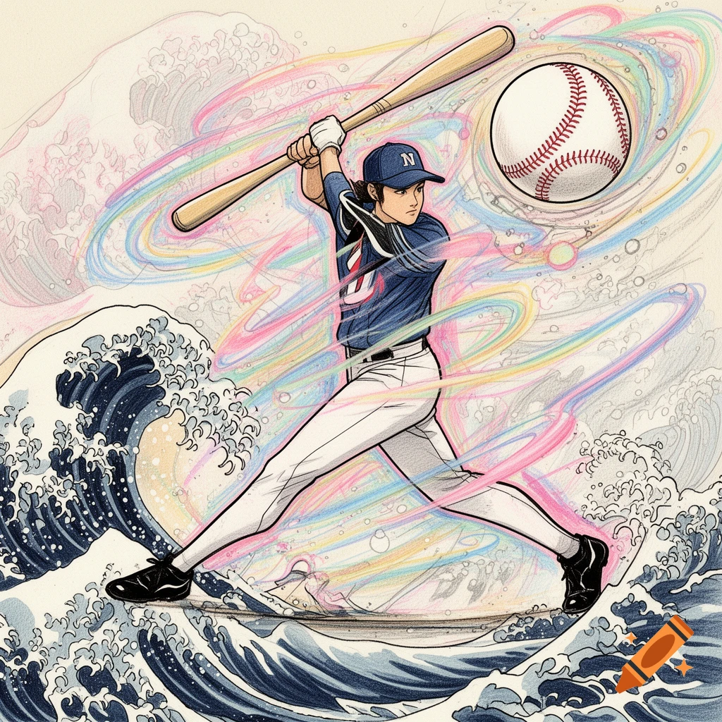 A stylized illustration of an anime-style baseball player swinging a bat against a background of crashing waves and colorful, swirling lines.