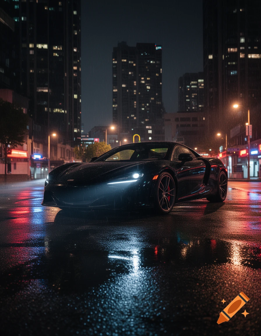 A sleek black sports car with bright headlights on a wet city street at night, reflecting neon lights from surrounding buildings.