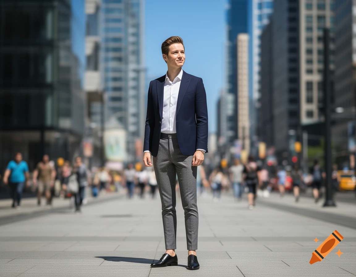 A neat man in a blue suit jacket and grey pants stands on a city street with blurred buildings and people in the background.