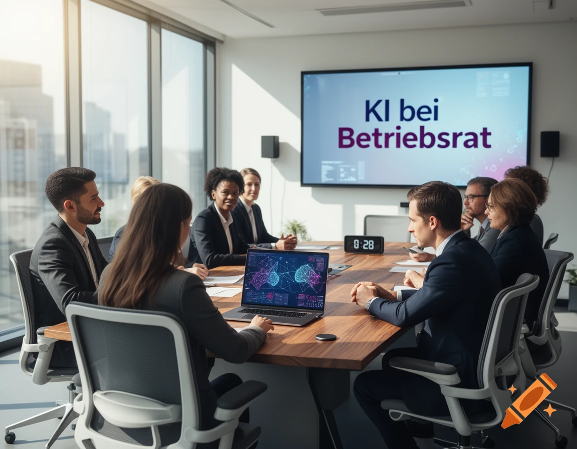 A diverse group of professionals sits around a conference table with a large screen displaying "KI bei Betriebsrat" and a laptop showing a network graph.