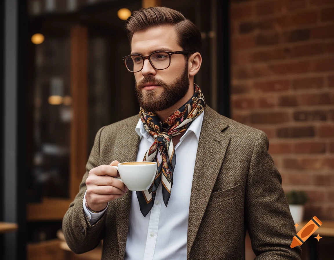 A stylish bearded man in glasses and a patterned scarf holds a coffee cup outdoors.