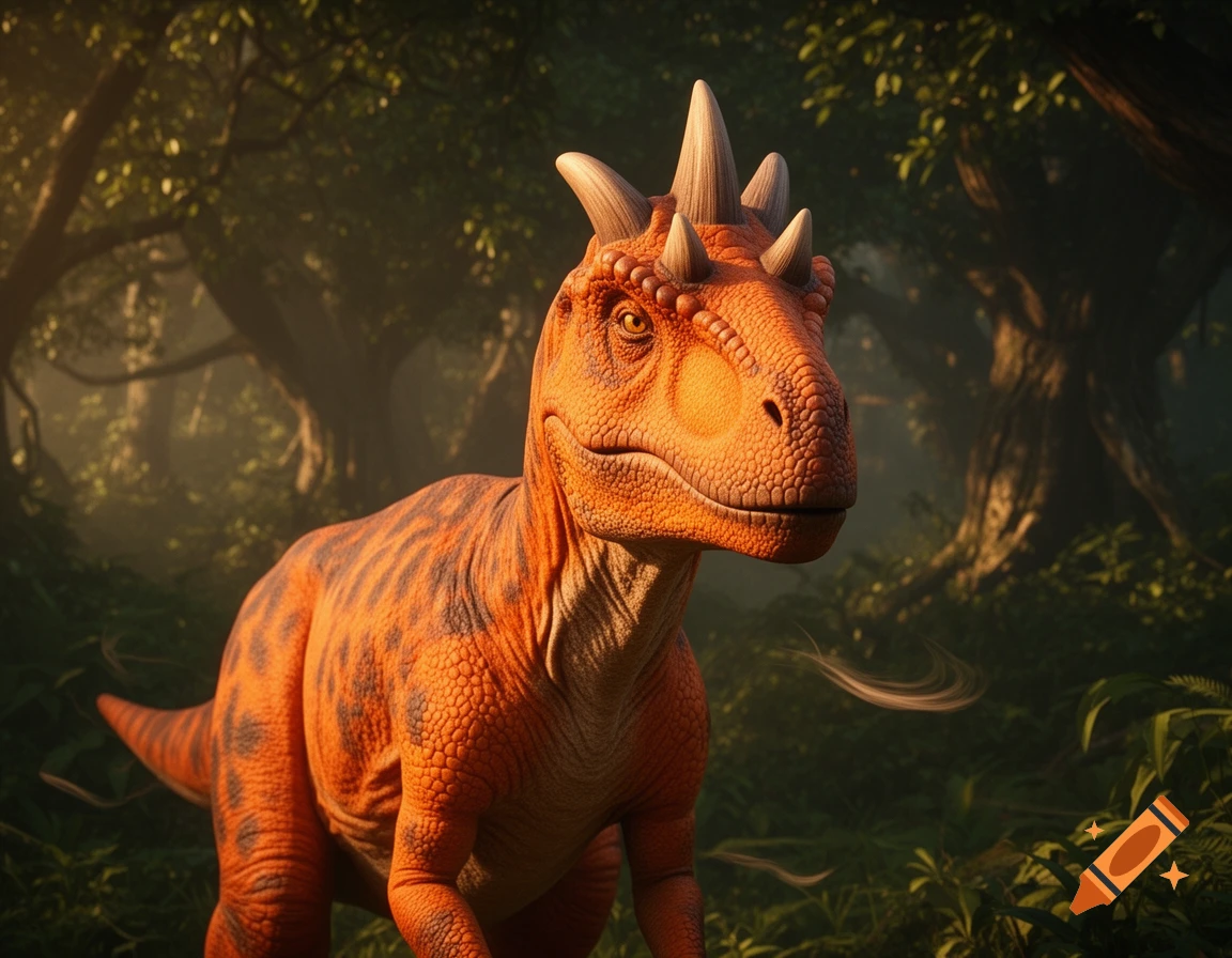 A vibrant orange theropod dinosaur with bony crests on its head stands in a lush, sun-dappled jungle.