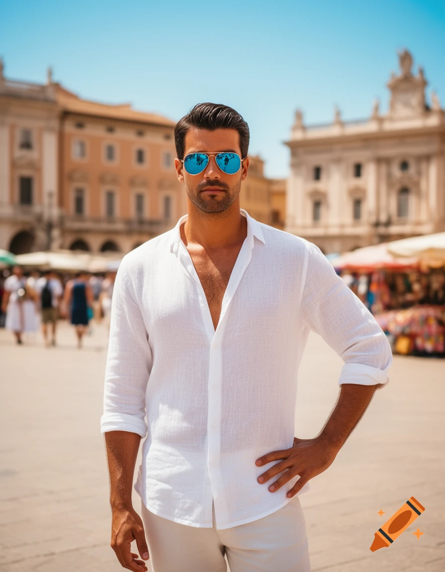 A man with tanned skin in a white linen shirt and blue aviator sunglasses stands in a sunny European plaza.