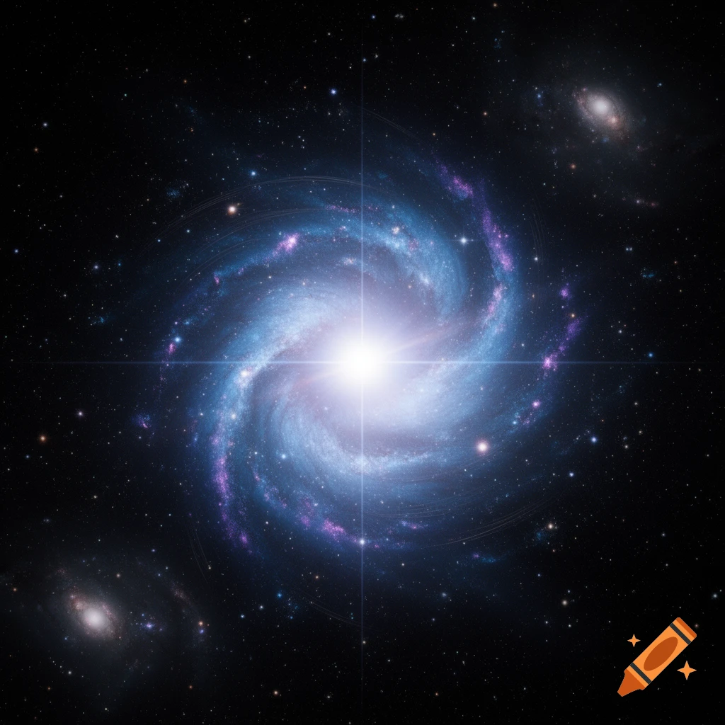 A vibrant spiral galaxy with a bright core, blue and purple arms, and numerous stars against a dark cosmic background.