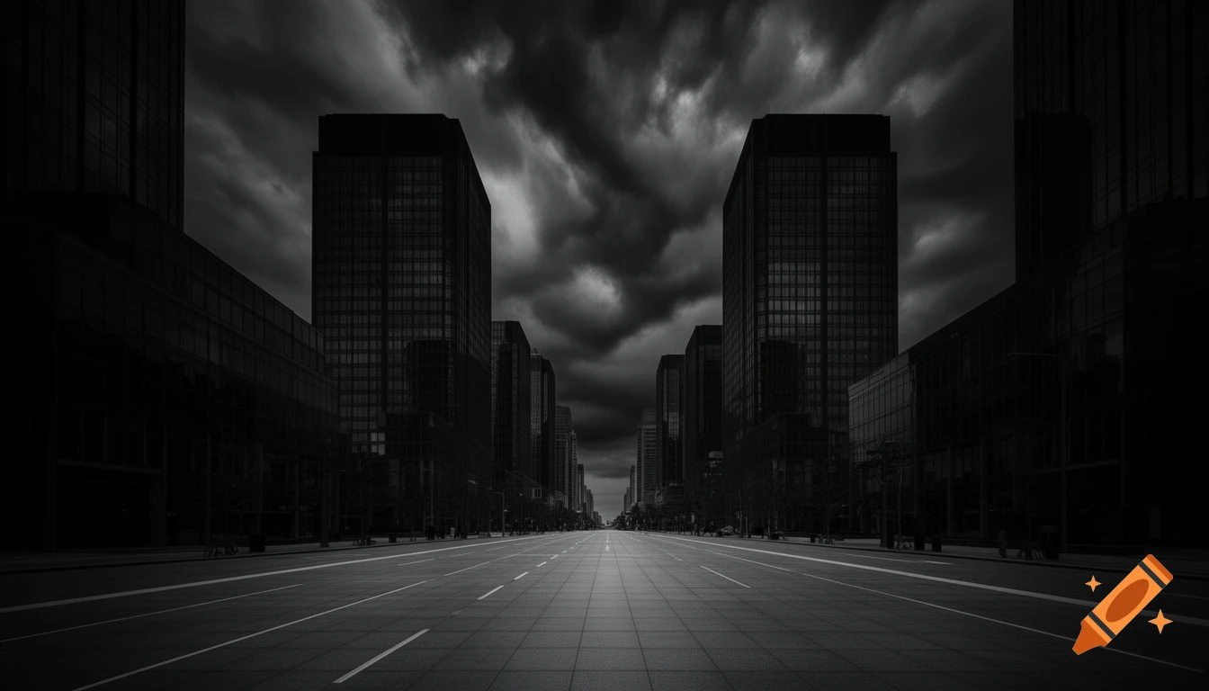 A wide shot of an empty black and white financial district street lined with tall buildings under a dark, dramatic, cloudy sky.