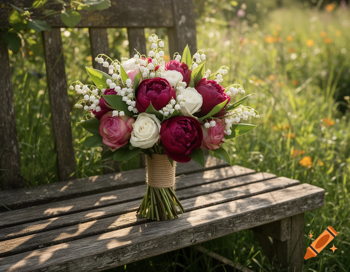 A photorealistic bouquet of red peonies, pink and white roses, and lily of the valley, tied with twine, on a rustic wooden bench in a sunny garden.
