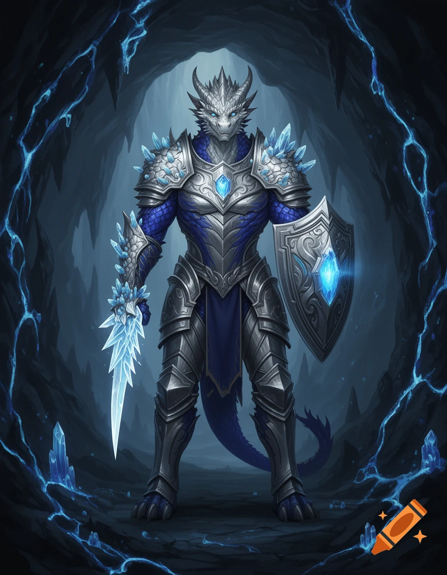 A tall, powerful dragonborn warrior in ornate silver and blue armor, wielding a crystal sword and shield in a dark, crystal-lit cavern. Photorealistic fantasy art.