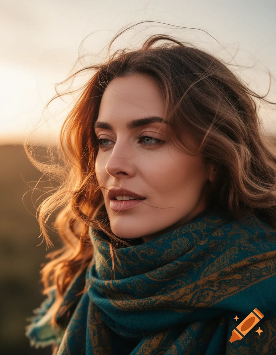Photorealistic portrait of a young woman with windblown brown hair and blue eyes, wearing a patterned teal scarf at sunset.