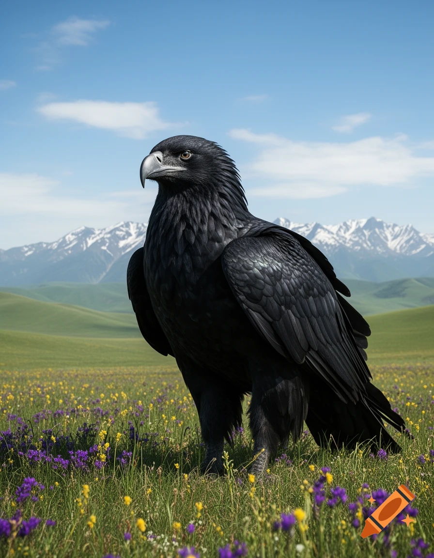 A majestic black eagle stands in a lush green meadow dotted with purple and yellow wildflowers, against a backdrop of snowy mountains under a blue sky.