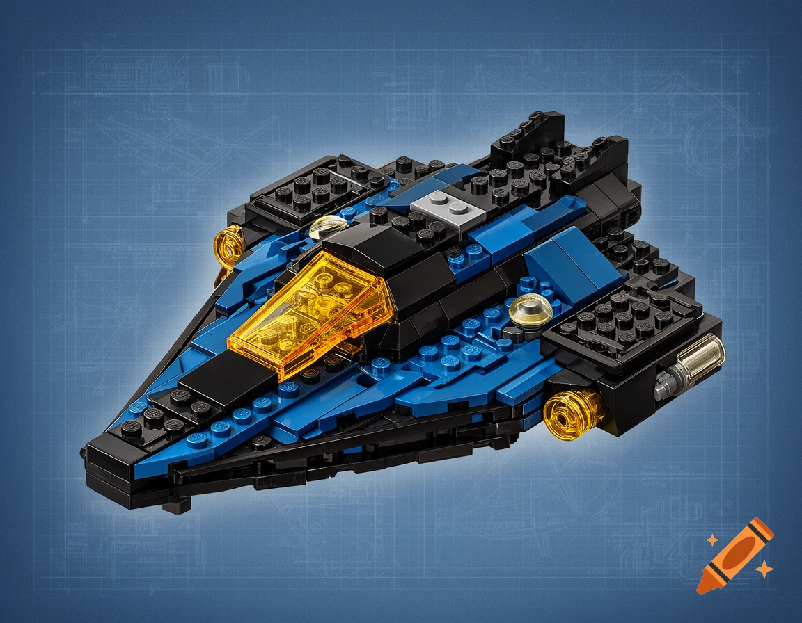 A black and blue Lego spaceship with an orange cockpit on a blueprint background.