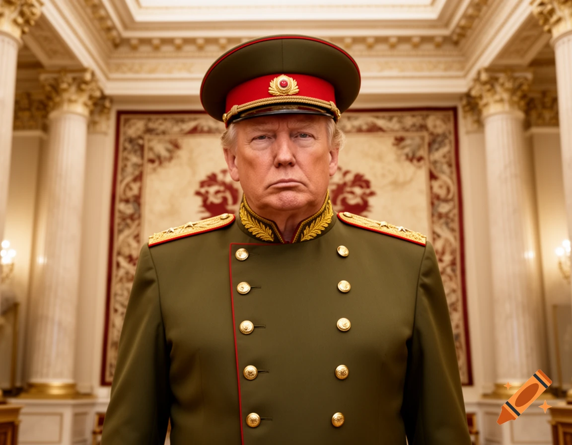 A serious Donald Trump wearing a green military uniform with a matching cap, standing in an ornate room.
