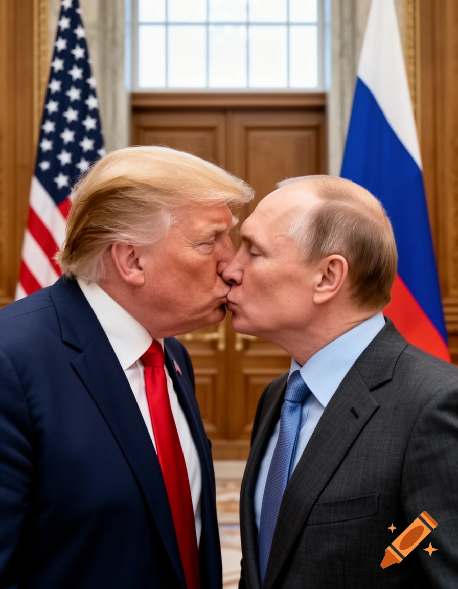 Photorealistic image of Donald Trump and Vladimir Putin kissing in a formal room with US and Russian flags.