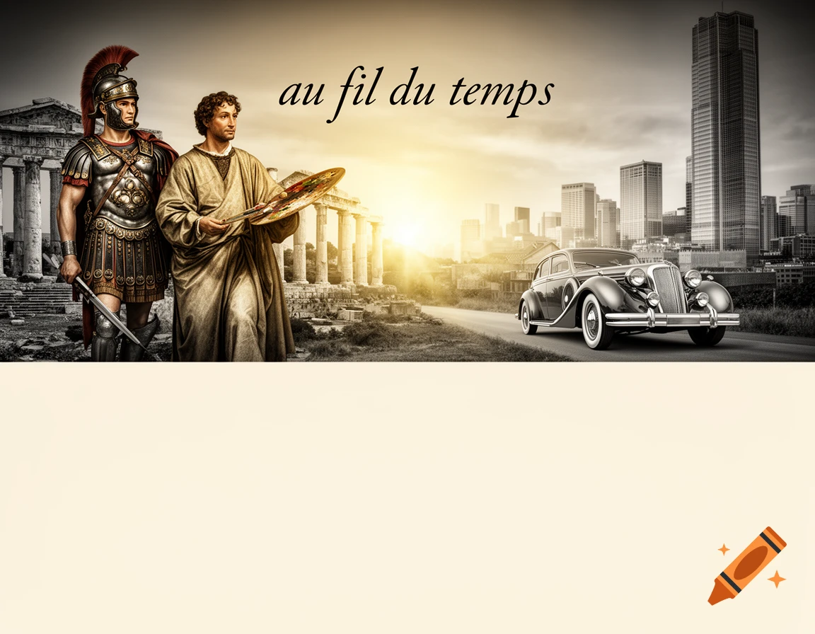 Roman soldier and artist by ancient ruins, with a vintage car on a road to a modern city. Text "au fil du temps" is in the sky.