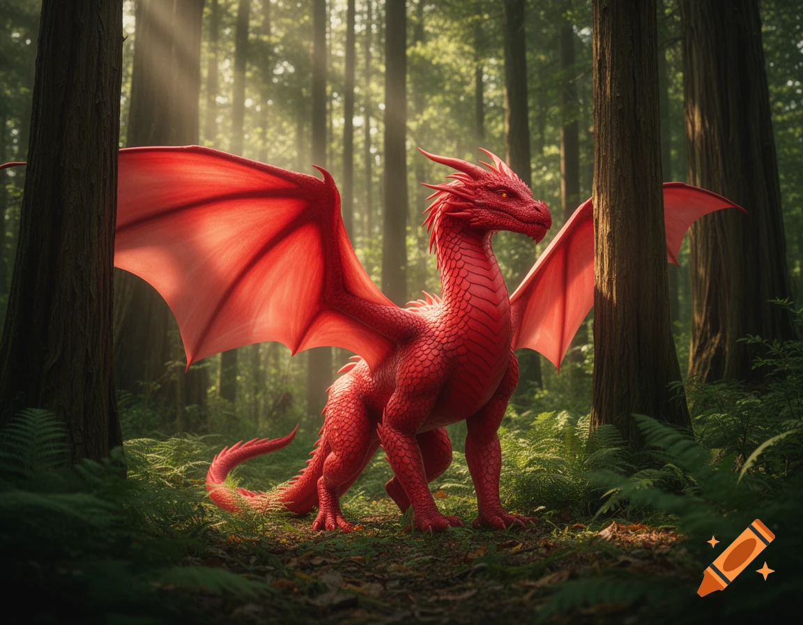 A vivid red dragon stands majestically in a sun-dappled green forest, bathed in rays of light.