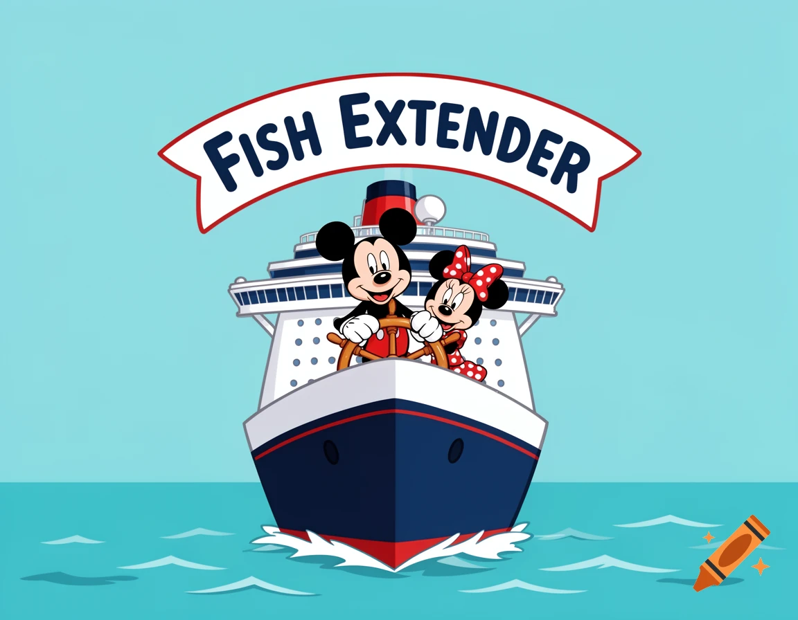 Cartoon Mickey and Minnie Mouse steering a Disney cruise ship with a 'FISH EXTENDER' banner above on a blue sea.