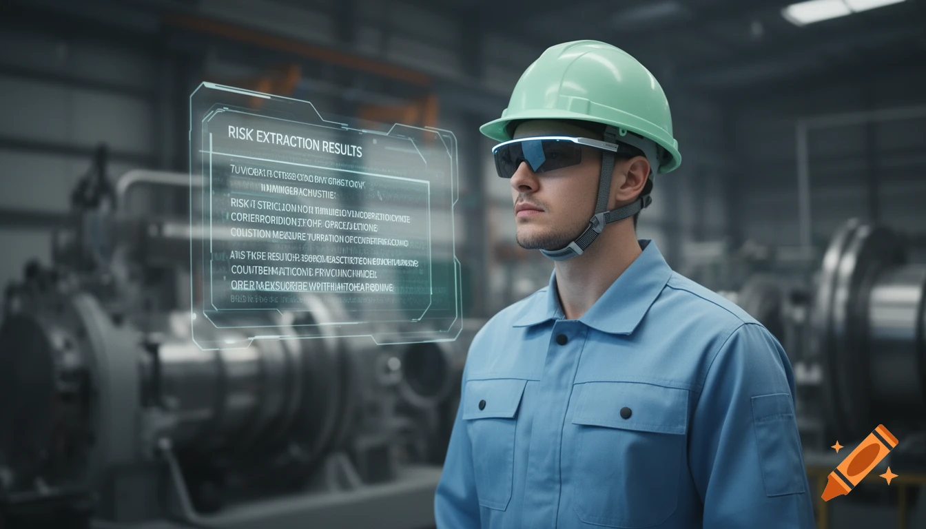 A man in a light green hard hat and blue work uniform wears smart glasses, viewing a holographic 'RISK EXTRACTION RESULTS' display in a factory setting.