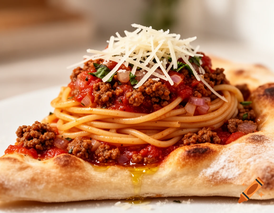 A close-up, photorealistic shot of spaghetti bolognese, topped with grated cheese and herbs, served on a slice of pizza.