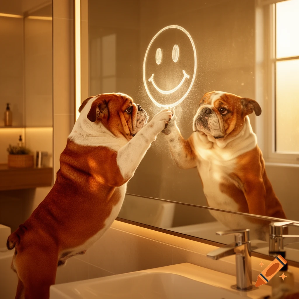 A photorealistic brown and white English bulldog stands on its hind legs, drawing a glowing smiley face on a foggy bathroom mirror.