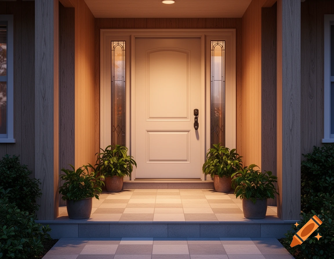 A front porch entrance to a house with a white door, glass side panels, potted plants, and warm lighting on a tiled floor, photorealistic.