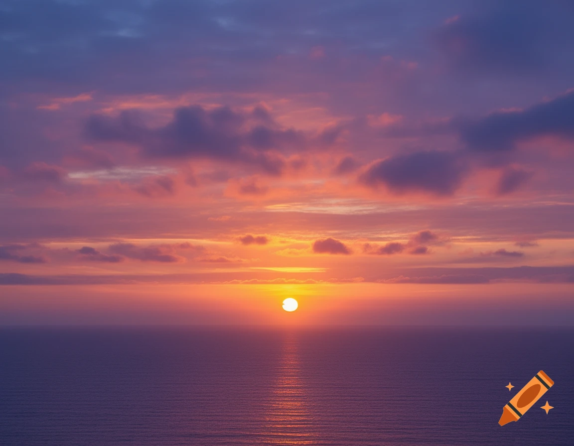 A vibrant sunset over the ocean with a glowing orange sun, purple water, and a sky filled with pink and purple clouds.