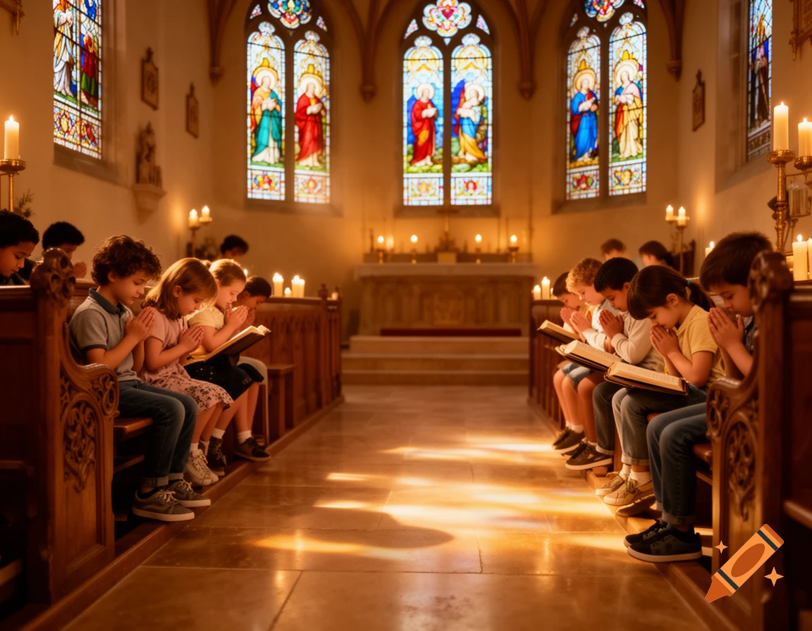 Children praying and holding open books in a church with stained glass windows and candles, photorealistic.