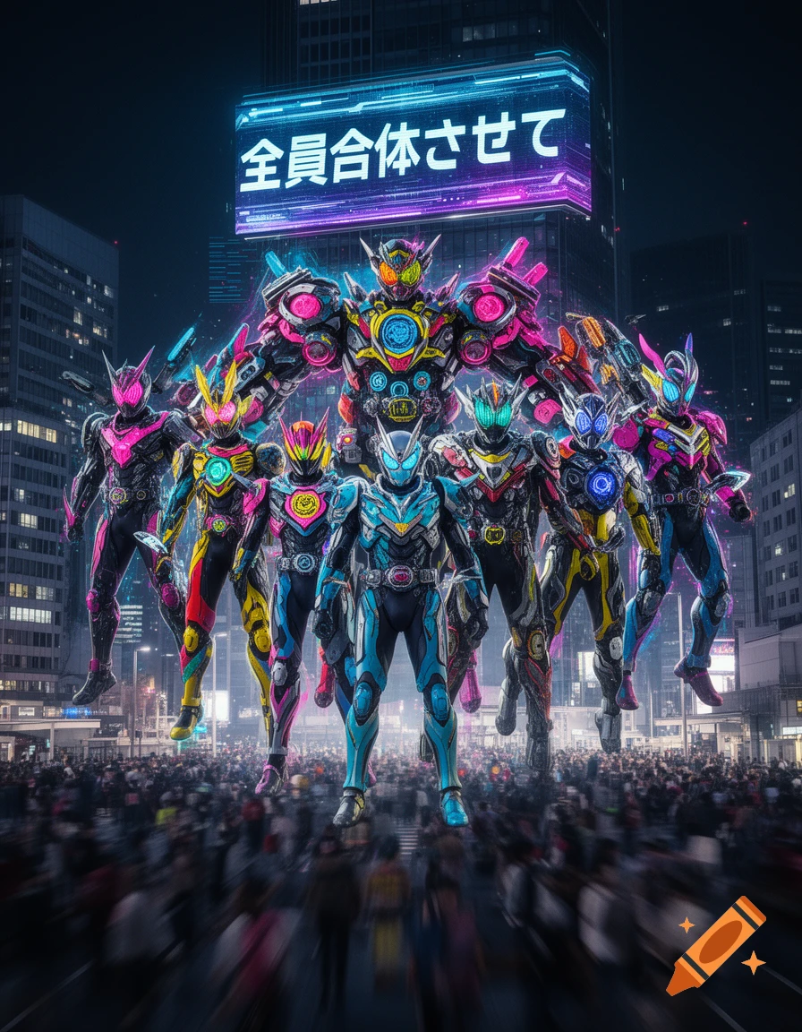 Seven vibrant, armored figures resembling superheroes stand over a blurred crowd in a futuristic city at night, under a glowing neon sign.